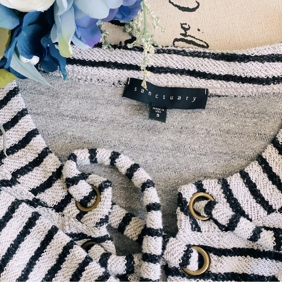 🏷️ 4/$25 Sanctuary Preppy Beacon Stripe Lace-Up French Terry Pullover Sweater - Picture 7 of 8